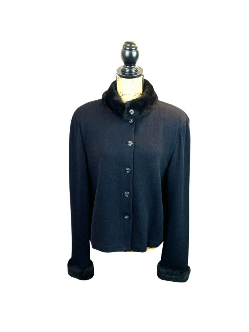 St. John Collection Womens Black Button-Up Jacket Size 14 With Faux Fur Collar & - Picture 10 of 15